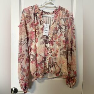Floral Frilled Neck Blouse, item 3010336-1219, size L NWT